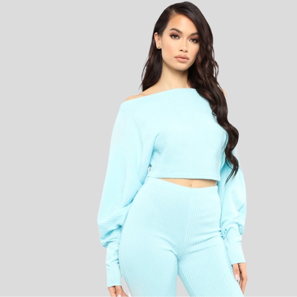 Fashion Nova Aqua Blue Ribbed Long Sleeve & Pants Set - Picture 12 of 14